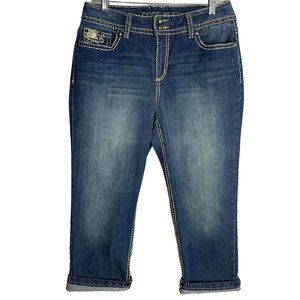 Code Bleu Annette Capri Denim Jeans 8 Med Wash Embroidered Mid Rise Button Zip